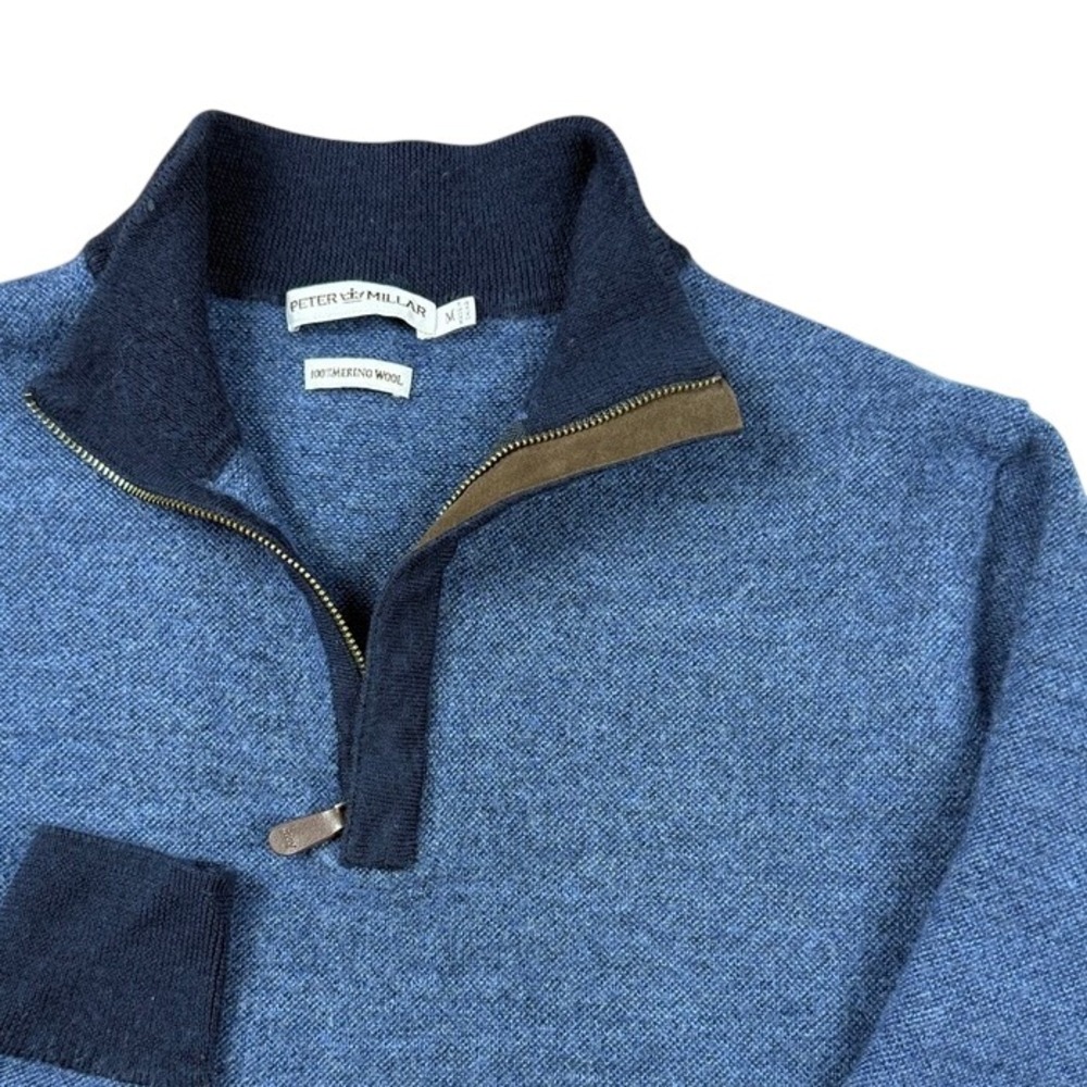 Peter Millar Blue 100% Merino Wool Quarter Zip Sweater Mens Size M Pullover